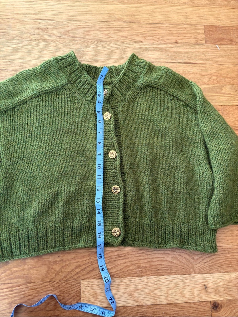Olive Green Hand Knit by me Cardigan with Moose Buttons - Picture 2 of 4
